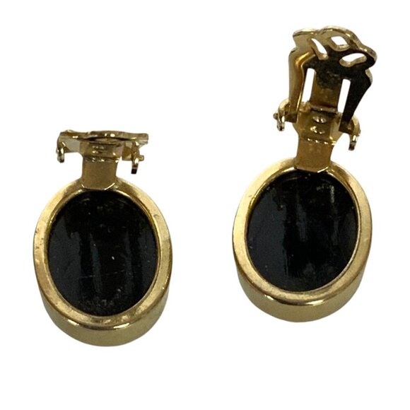 Vintage Goldtone Black Onyx Oval Clip-On Earrings - Picture 3 of 6
